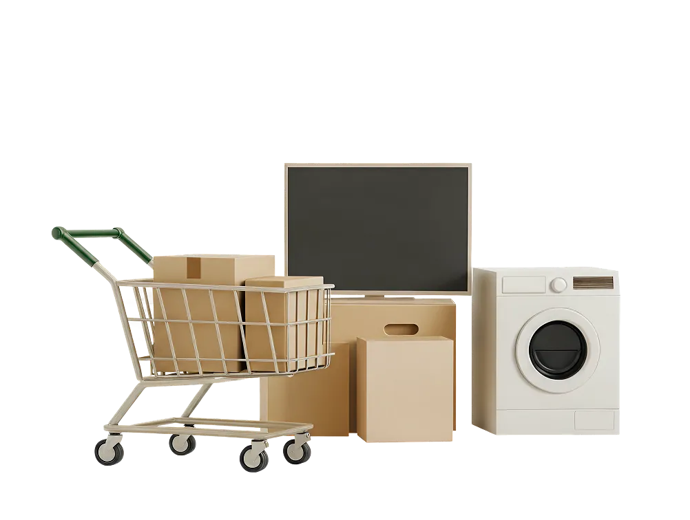 Изображение коробок, техники и тележки при доставке товаров для ритейла в Донецке