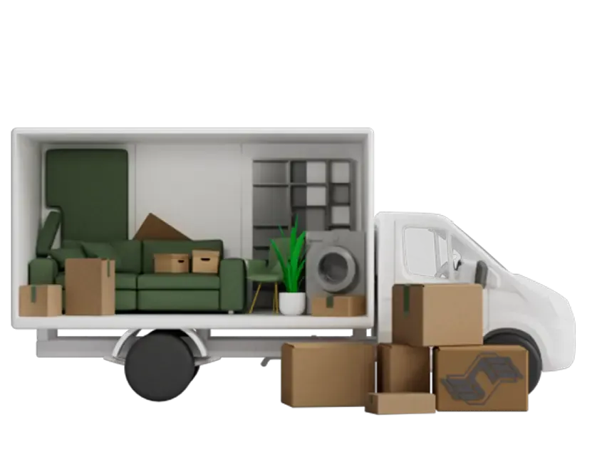 Изображение загрузки мебели, коробок и техники в грузовой автомобиль при переезде в Донецке