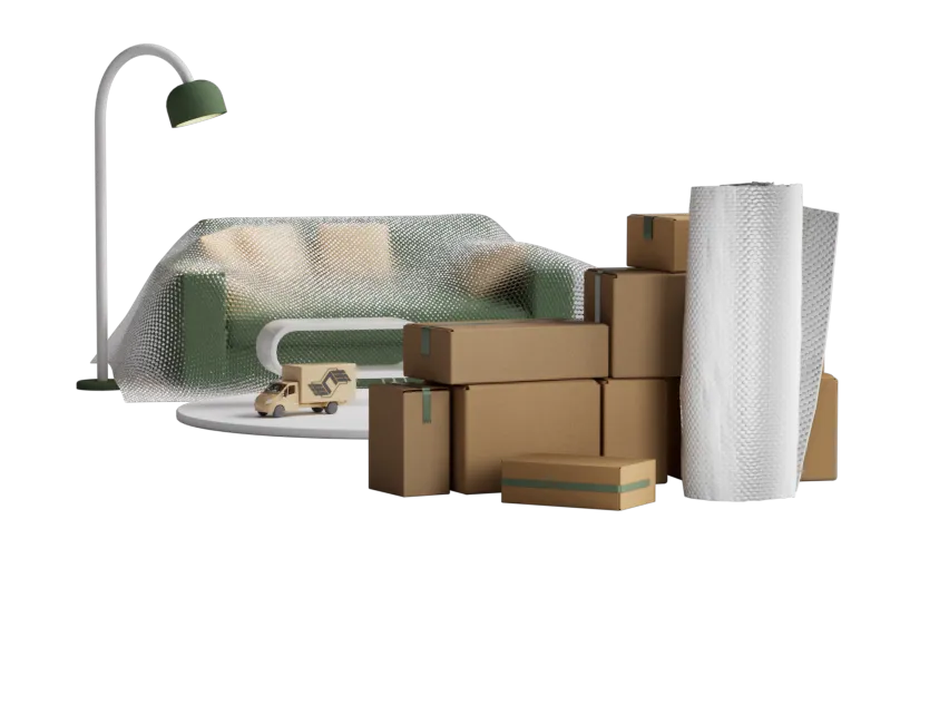 Изображение коробок, мебели и упаковочных материалов при подготовке к домашнему переезду