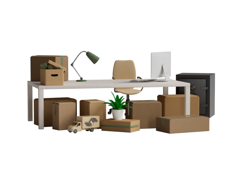 Изображение разобранного рабочего места и коробок при подготовке к офисному переезду